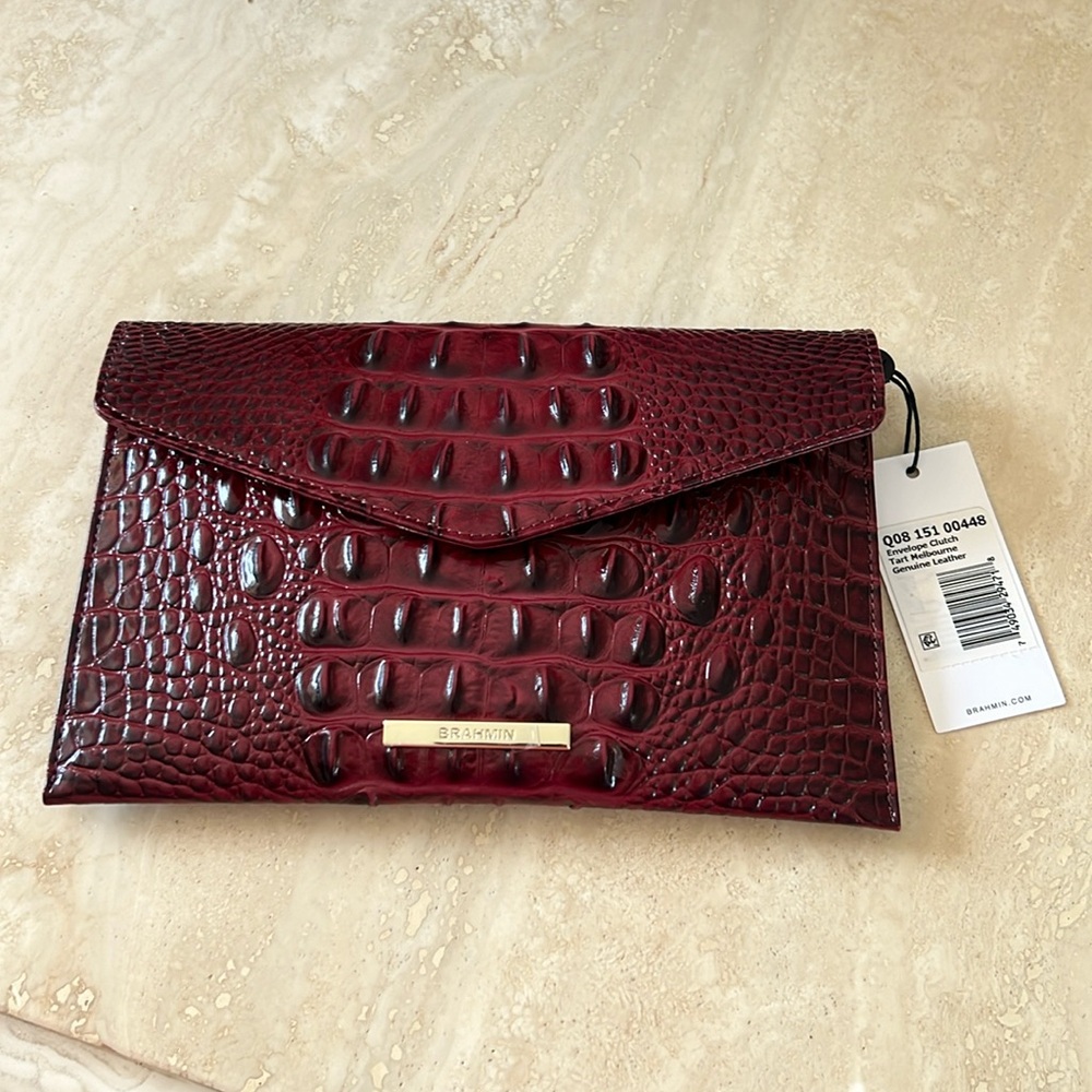 New with tags! Brahmin Dark Red Envelope Clutch Tart Melbourne Genuine Leather
